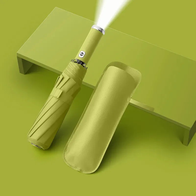 Classic Three-folding LED Umbrella Handle Flashlight Coating Fully-automatic Plastic With Automatic Open Close Anti-uv Black 500