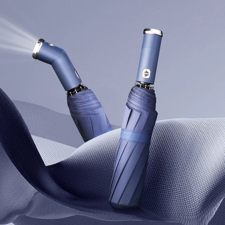 Adults' Windproof Compact LED Folding Umbrella 10k Pongee Panels UV Protection 190t Material Swivel Handle Customizable Logo