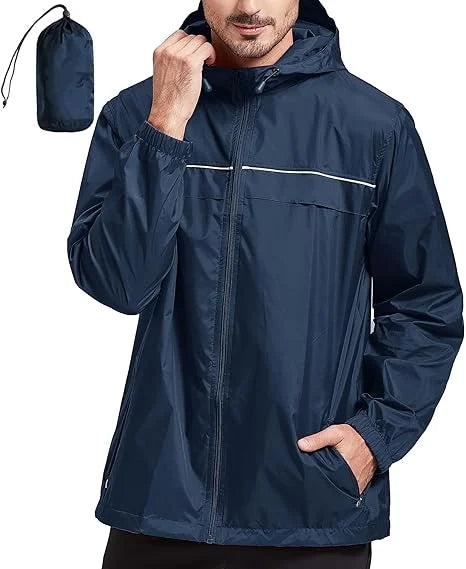 Men's Outdoor Rain Jacket Waterproof Windbreaker with Stand Collar and Zipper Closure Daily Casual Pullover with Double Layer