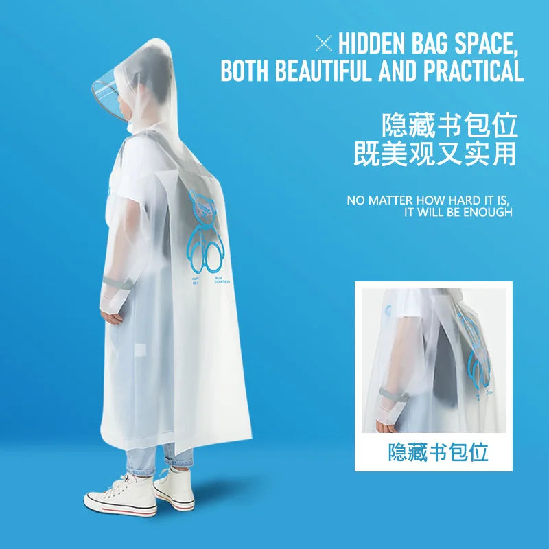 New EVA Children's Waterproof Raincoat with Hidden Backpack Compartment and Zipper Design, Extended Hiking Raincoat