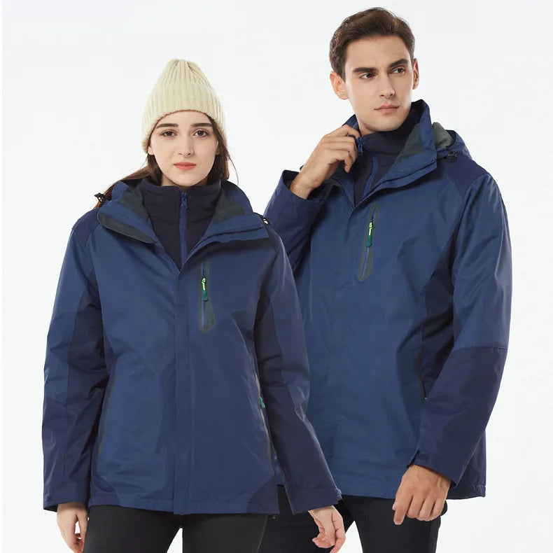 Outdoor Winter Jacket Men Women Three-In-One Detachable Two-Piece Set Windproof Waterproof Stand Collar Zipper Closure Couple's