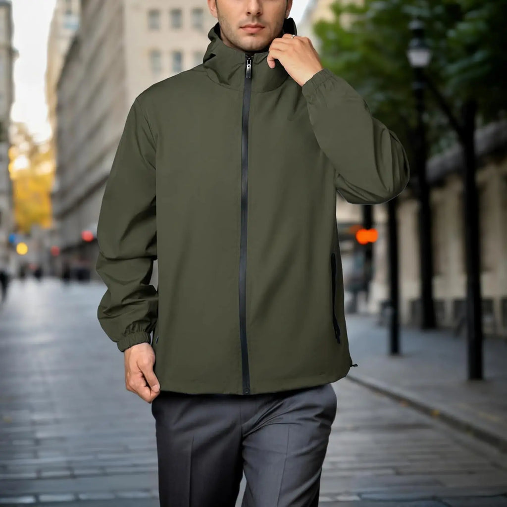 Men's Winter Waterproof Windbreaker Plain Dyed Lightweight Hooded Casual Bomber Jacket for Daily Hiking & Cycling