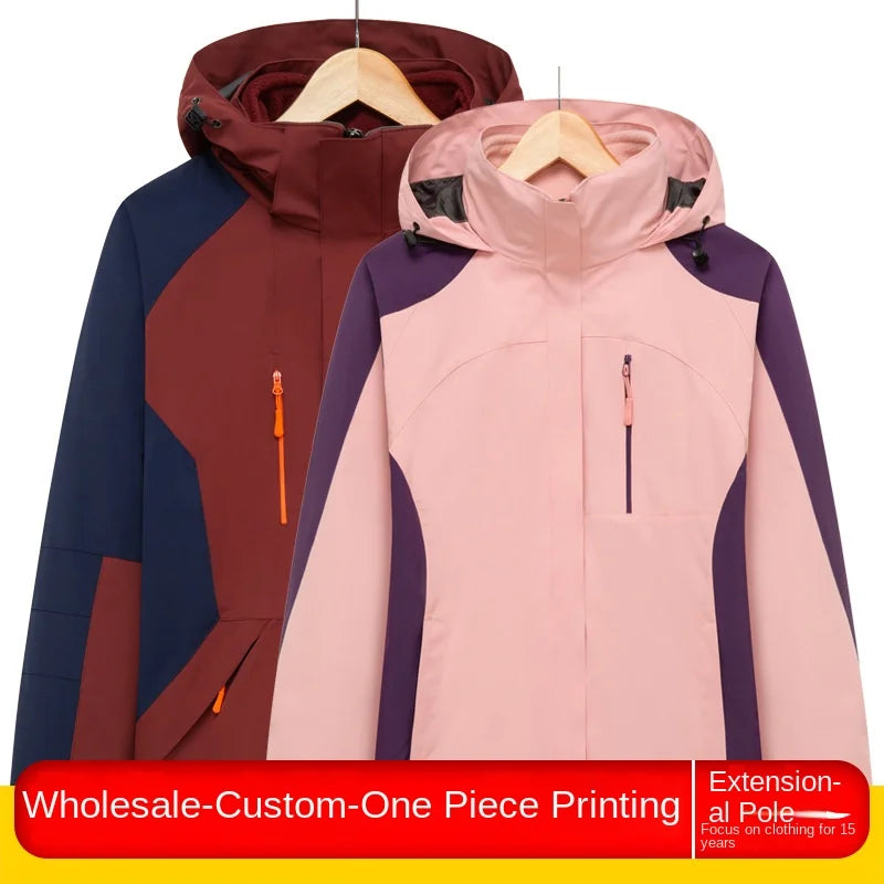 Men's and Women's Outdoor Polar Fleece Liner Waterproof Winter Warm Overalls Two-Piece Three-In-One Zipper with Printed Design