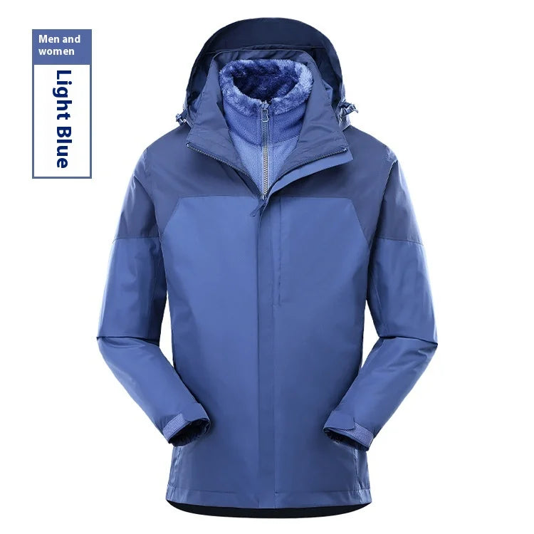 Men's Women's Waterproof Two-Piece Outdoor Riding Travel Mountaineering Three-in-One Jacket for Winter Hiking Zipper Closure