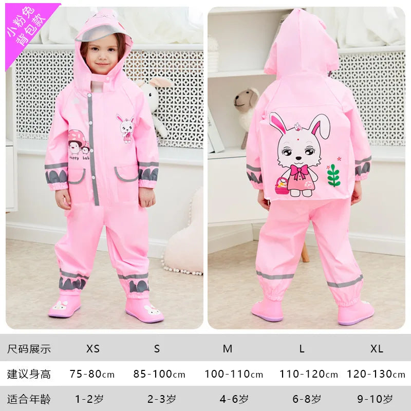 Children's Full Body Waterproof Protective Raincoat and Pants with Cartoon Yellow Duck Belt Backpack for Boys and Girls