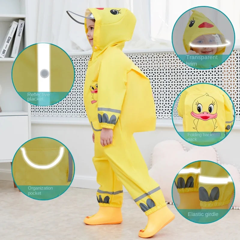 Children's Full Body Waterproof Protective Raincoat and Pants with Cartoon Yellow Duck Belt Backpack for Boys and Girls