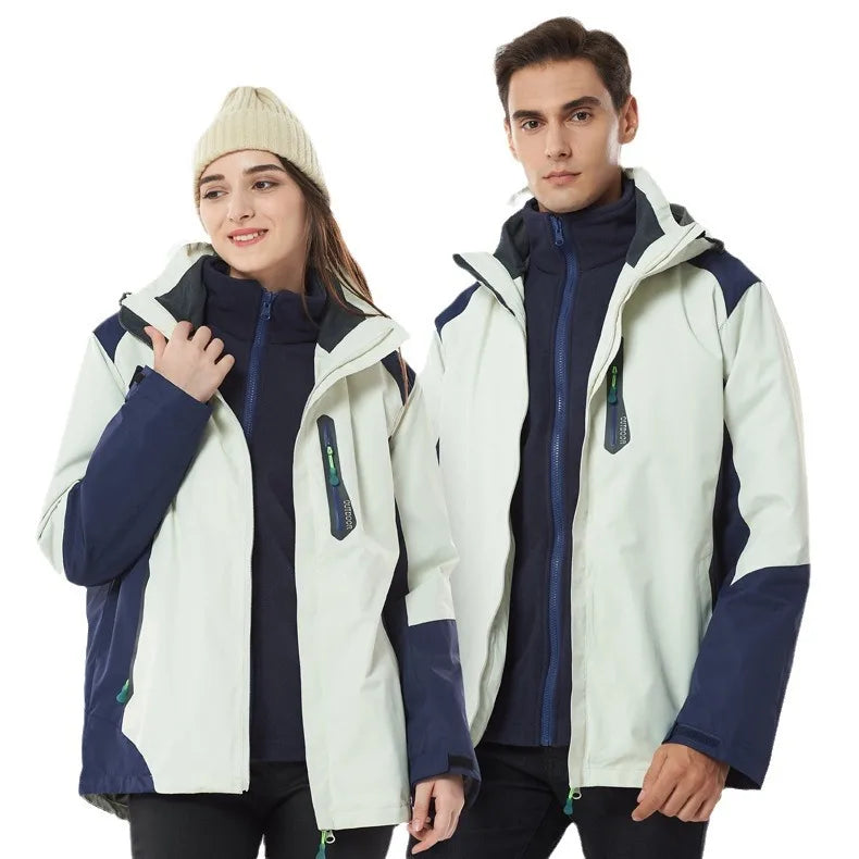 Outdoor Winter Jacket Men Women Three-In-One Detachable Two-Piece Set Windproof Waterproof Stand Collar Zipper Closure Couple's