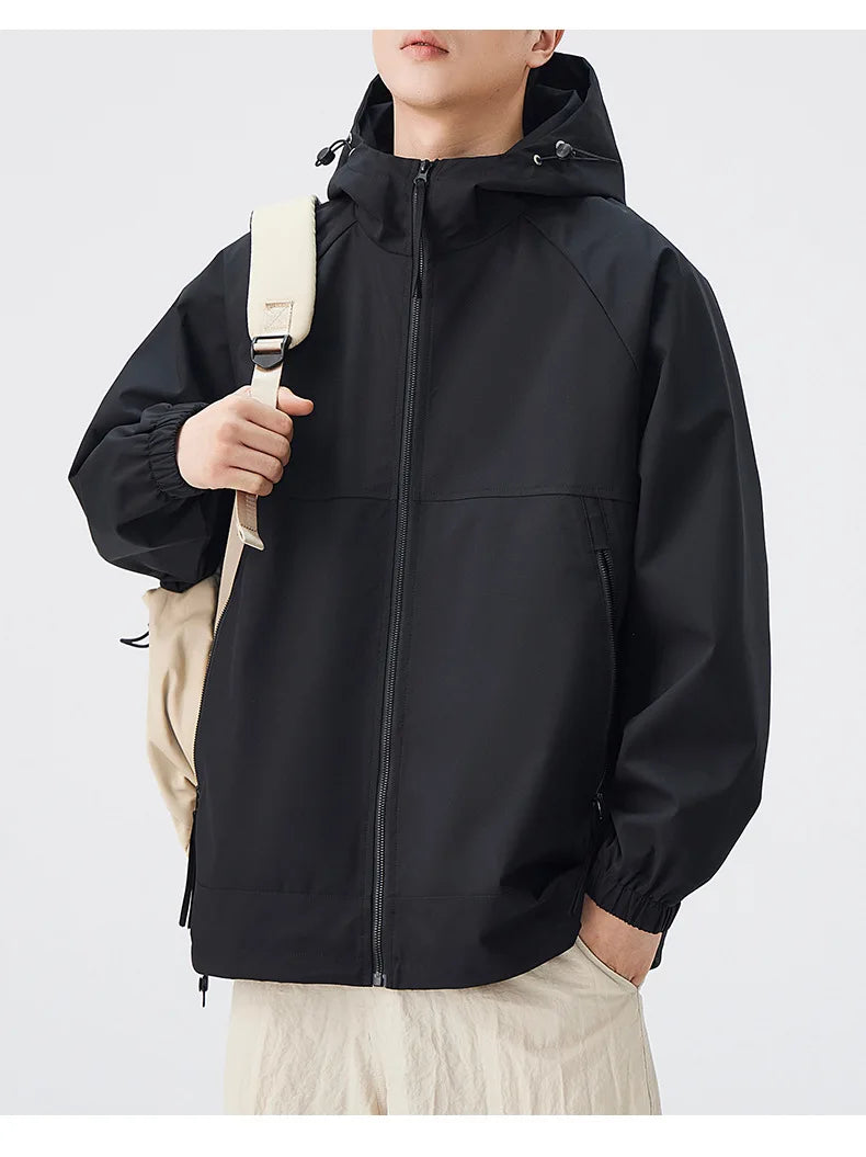 Men's Lightweight Coated Rain Jacket for Autumn Spring Windproof 3D Embroidery Logo Zipper Prints Breathable for Outdoor