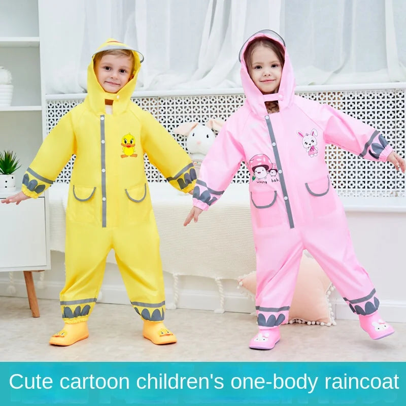 Children's Full Body Waterproof Protective Raincoat and Pants with Cartoon Yellow Duck Belt Backpack for Boys and Girls
