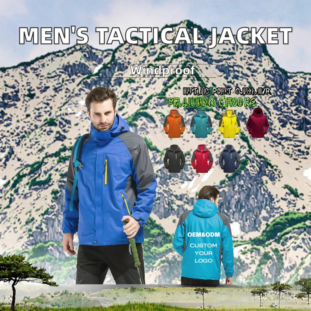 Men's Soft Shell Waterproof Tactical Jacket for Outdoor Blue Hooded Windbreaker Stand Collar Zipper for Winter Hiking Camping