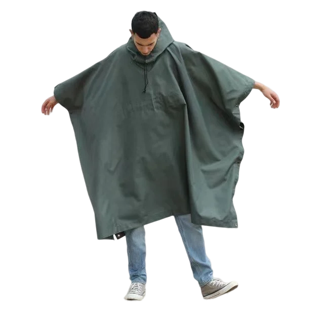 Green Waterproof Raincoat Poncho Adults Customized Letters Printing PVC Material One Size Hooded Style Outdoor Hiking Rainy Days