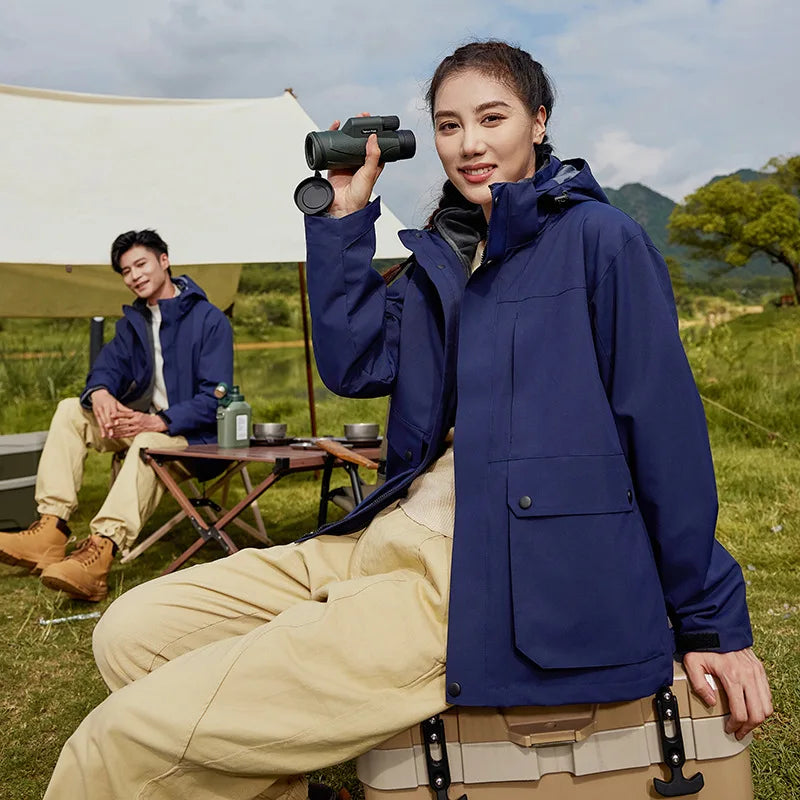 Detachable Zipper Winter Jacket for Men Women Outdoor Couples Solid Woven Soft Shell Coated Breathable Windproof Stand 3XL