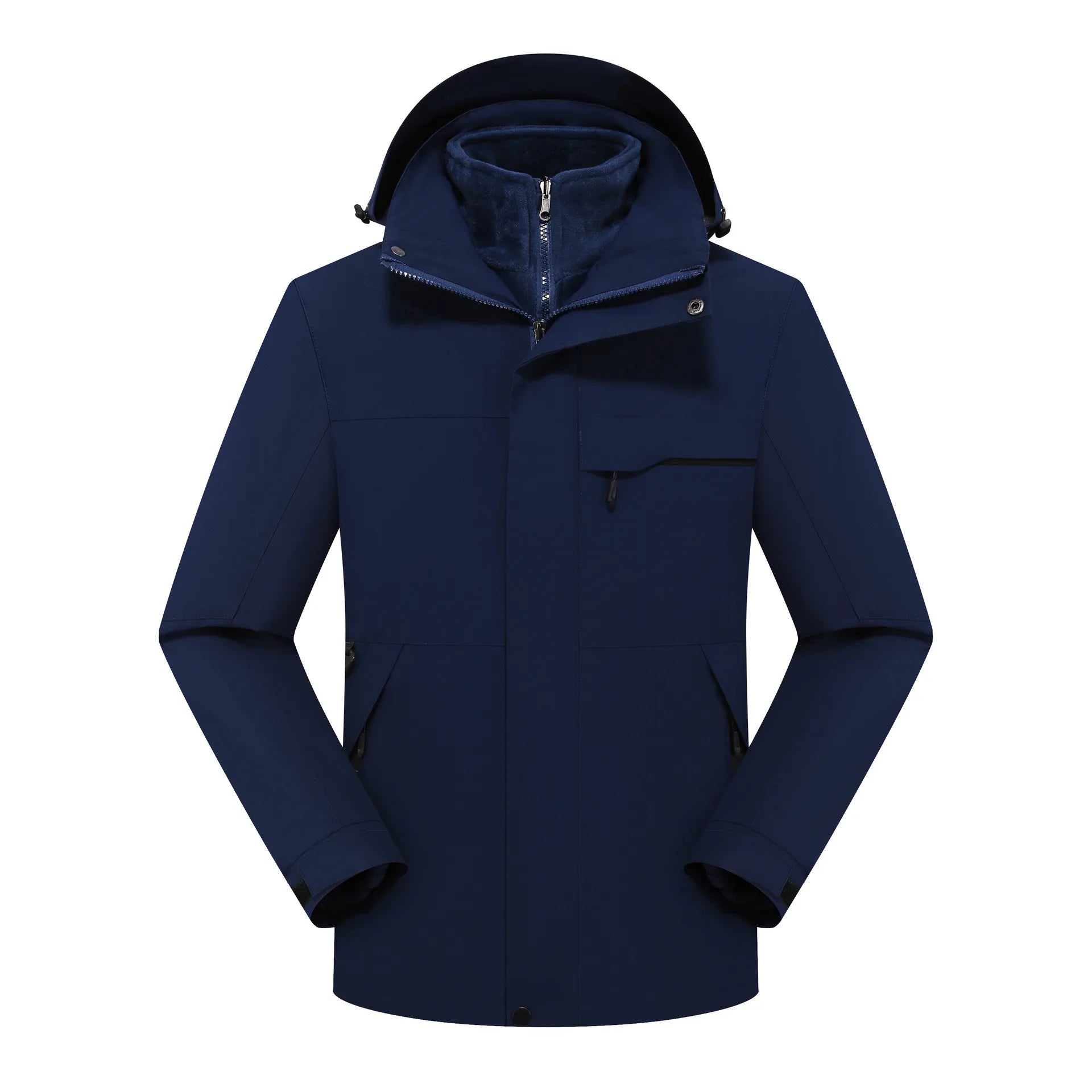 Unisex Winter Fleece Three-in-One Hooded Jacket Removable Zipper Closure Soft Nylon Shell Waterproof for Technology