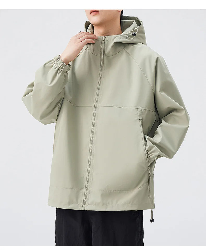 Lightweight Men's Rain Jacket for Autumn Spring Windproof 3D Embroidery Logo Zipper Prints Stand Breathable for Outdoor Use