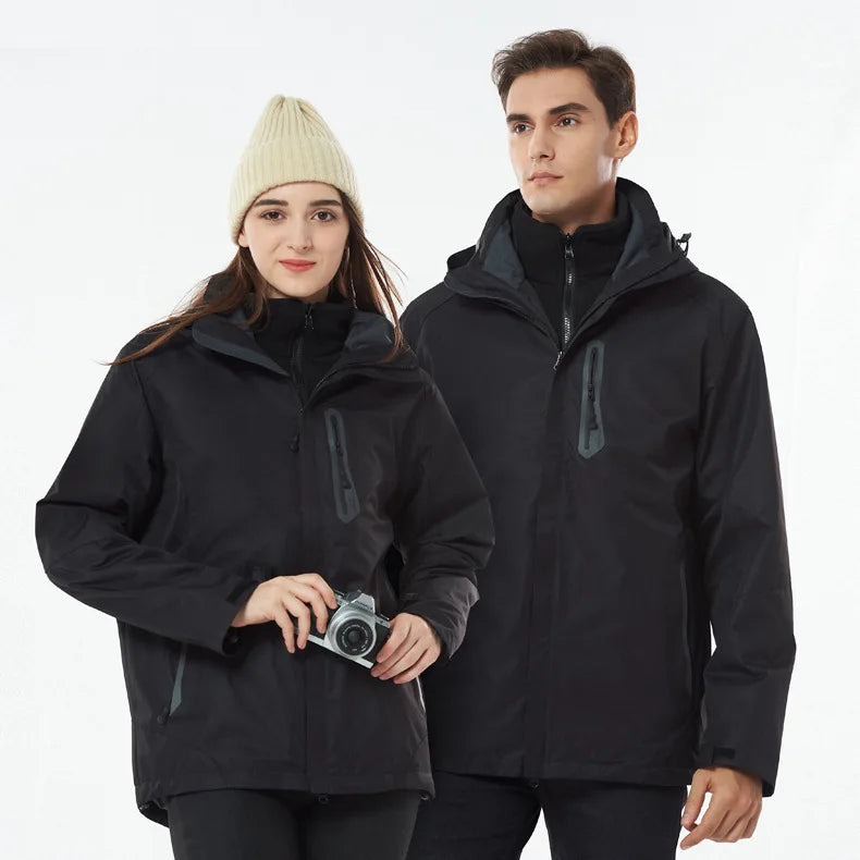 Outdoor Winter Jacket Men Women Three-In-One Detachable Two-Piece Set Windproof Waterproof Stand Collar Zipper Closure Couple's