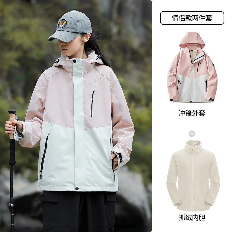 2025 Outdoor Three-in-One Coat for Men Women Hard Shell Soft Polyester Fill Stand Collar Zipper Closure XL-for Autumn Fitness