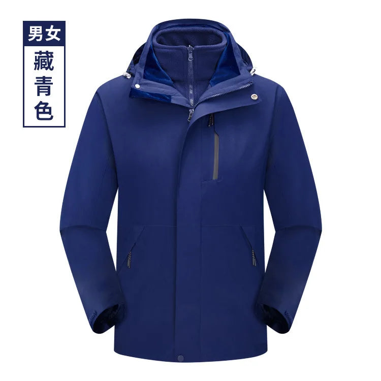 Men's Women's Waterproof Outdoor Winter Jacket Stand Detachable Three-in-One Windproof Cold-Proof Features Solid Zipper for