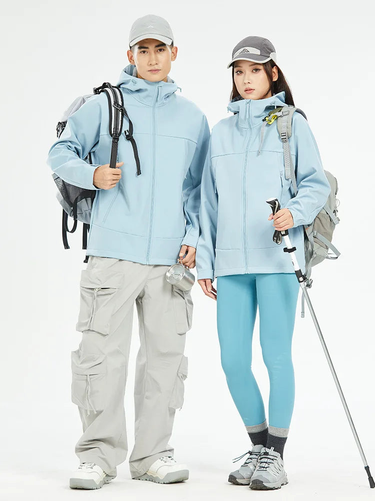 Women's Men's Sporty Zipper Closure Soft Shell Jacket Stand Collar Windproof Water Proof Hooded Raincoat Solid Pattern Size 3XL