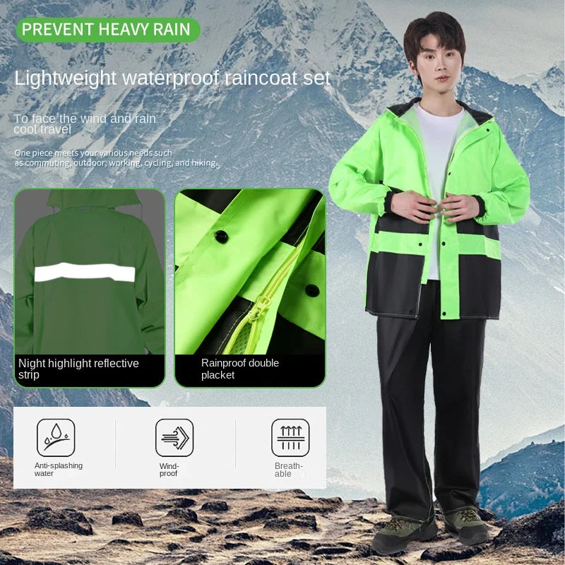 Waterproof Oxford Cloth Men's Motorcycle Raincoat Rain Pants Set Reflective Strips Simple Customizable Design for Outdoor