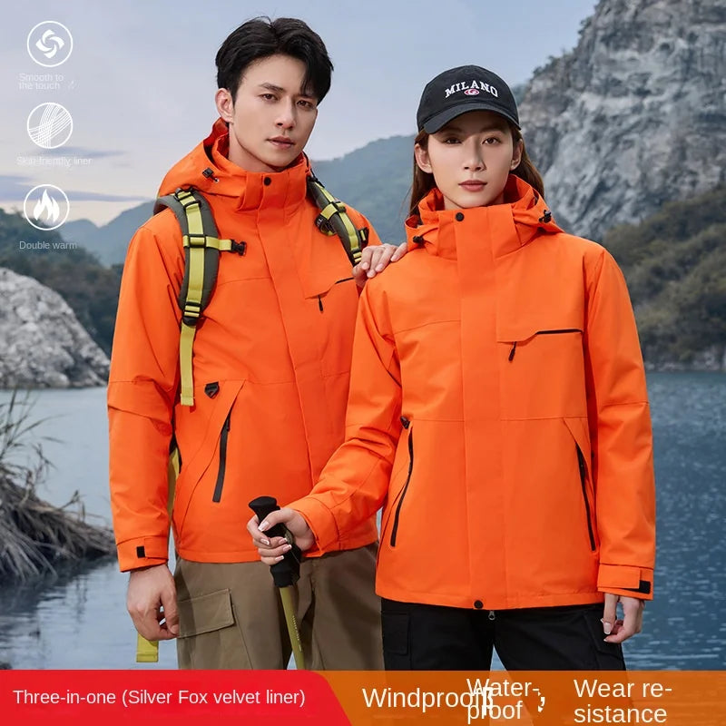 Outdoor  Unisex Three-in-One Two-Piece Couple's Mountaineering Suit Removable Waterproof Windproof Soft Shell Stand
