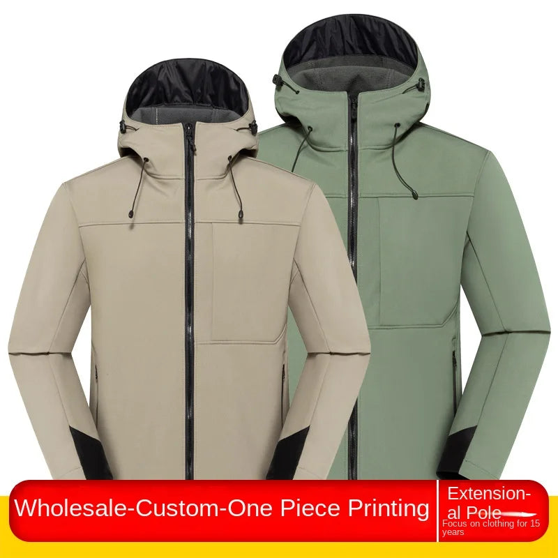 Outdoor Waterproof Windproof Warm Coat Hood Solid Color Cardigan for Mountaineering Fishing Customizable Logo Print Zipper
