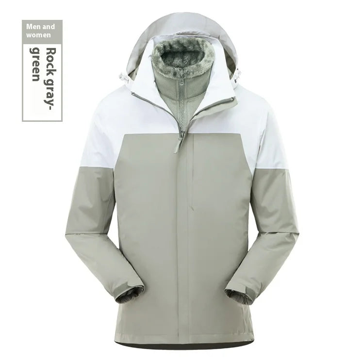 Men's Women's Waterproof Two-Piece Outdoor Riding Travel Mountaineering Three-in-One Jacket for Winter Hiking Zipper Closure