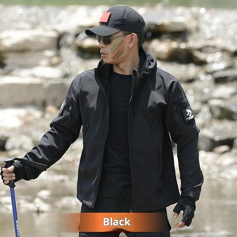 Autumn Winter Soft Shell Outdoor Clothes Men's Casual Stand Collar Jacket Windproof Waterproof Reversible Hooded Zipper Front