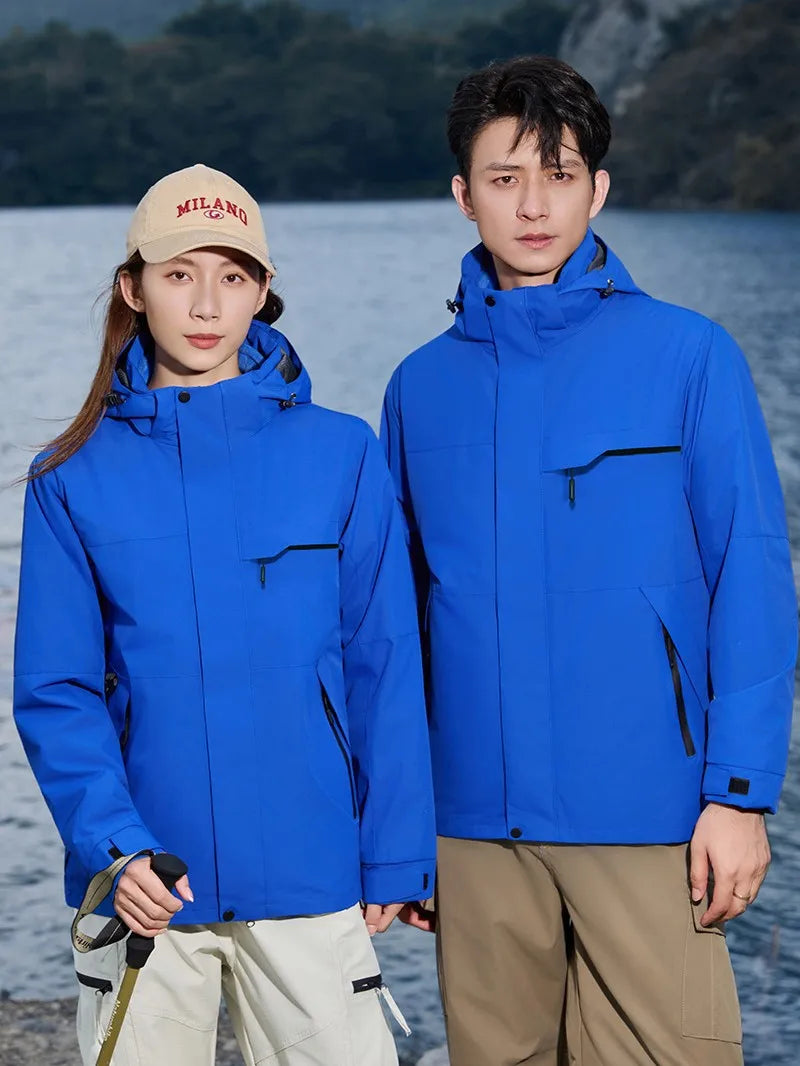 Unisex Winter Fleece Three-in-One Hooded Jacket Removable Zipper Closure Soft Nylon Shell Waterproof for Technology