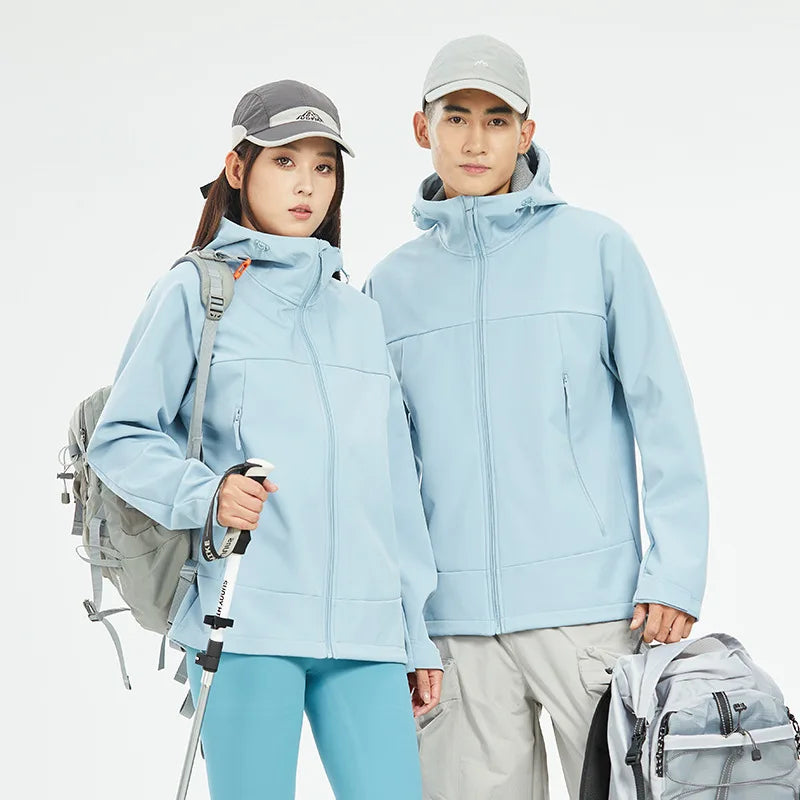 Women's Men's Sporty Zipper Closure Soft Shell Jacket Stand Collar Windproof Water Proof Hooded Raincoat Solid Pattern Size 3XL