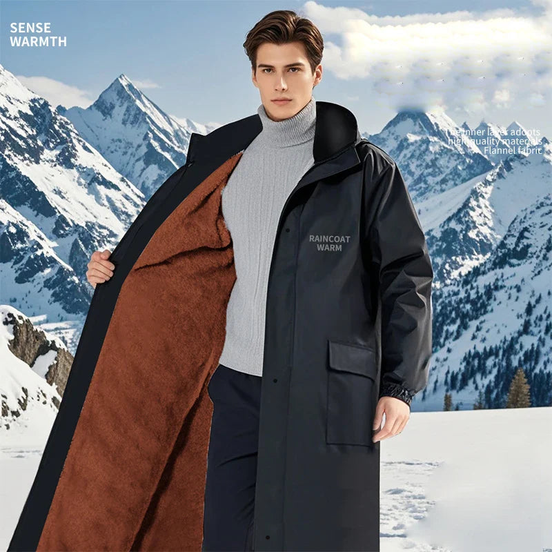 Adult Double Layer Raincoat With Warm Fleece Lining Logo Hood Waterproof Reflection Tape Outdoor Travel Riding Rain Boys Girls