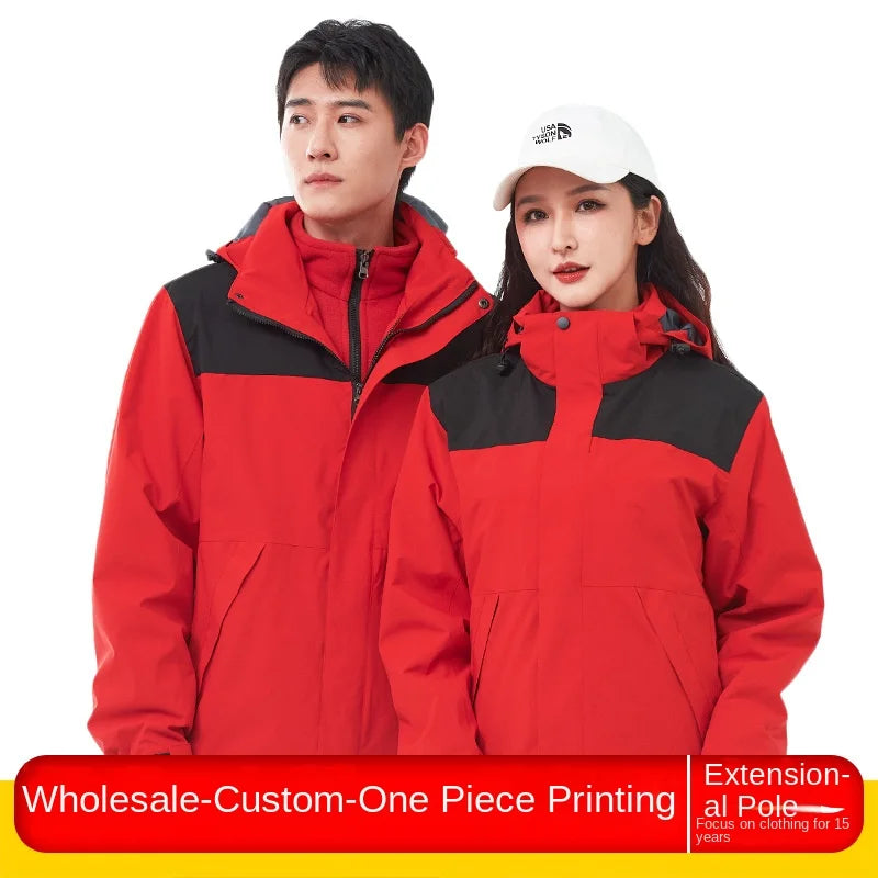 Winter Outdoor Waterproof Detachable Two-Piece Jacket for Men Women Stand Zipper Solid Three-in-One Windproof Cold-Proof