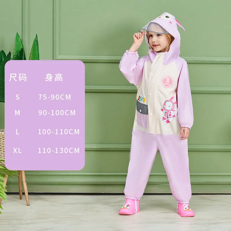 Children's Full Body Waterproof Protective Raincoat and Pants with Cartoon Yellow Duck Belt Backpack for Boys and Girls