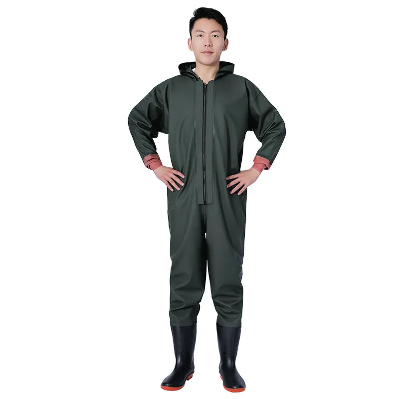 Wholesale Thickened PVC Full-Body Waterproof Chest Wader Fishing Rain Water Pants with Zipper Closure Unisex